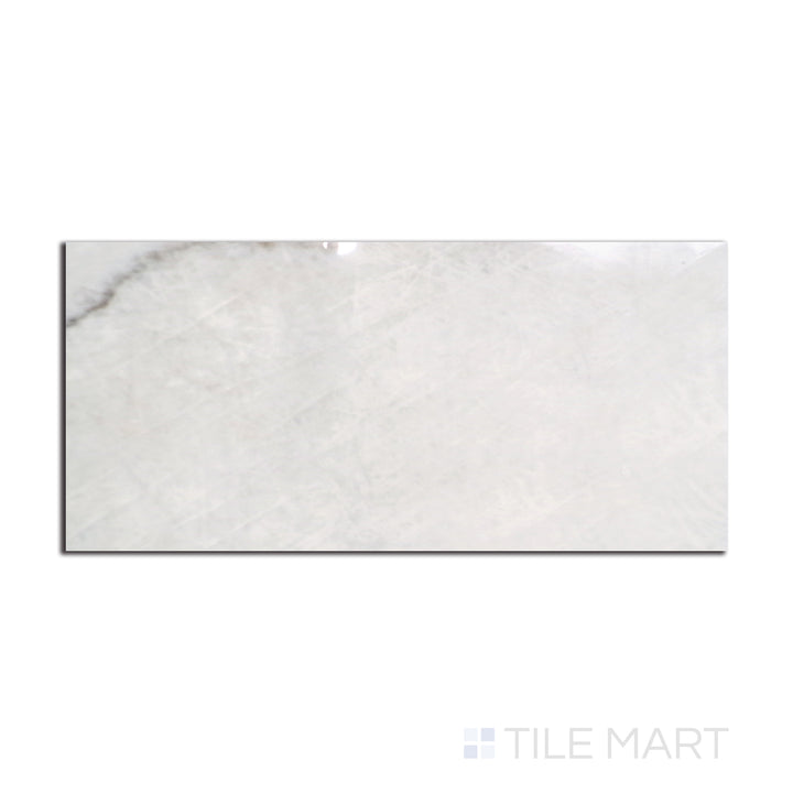 Overhead shot of Tele Di Marmo Reloaded Quarzo 12X24 polished porcelain tile, featuring a gleaming quartz-like finish with light-reflecting properties.
