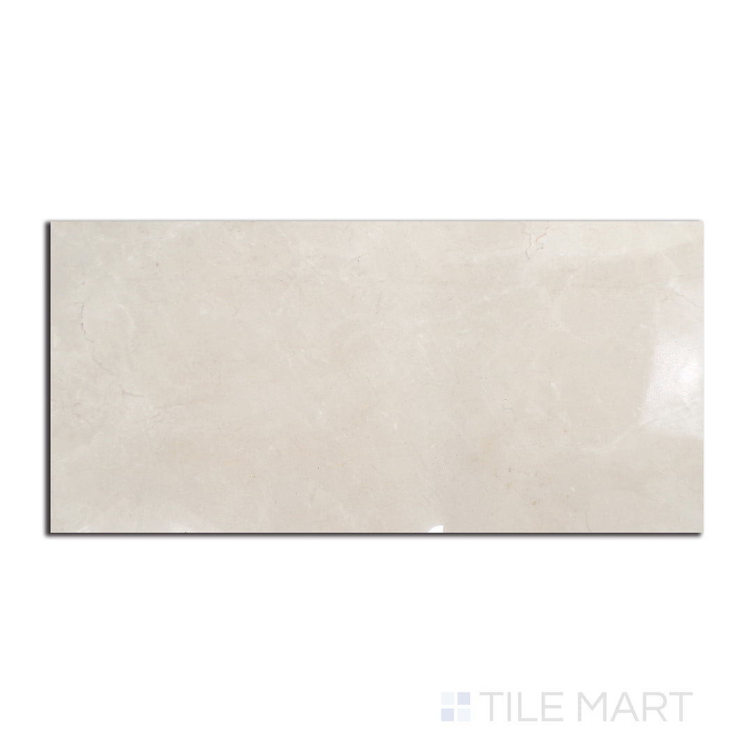 Top-down view of Tele Di Marmo Reloaded Marfil 24X48 polished porcelain tile, featuring a classic cream stone look with a radiant polished surface.