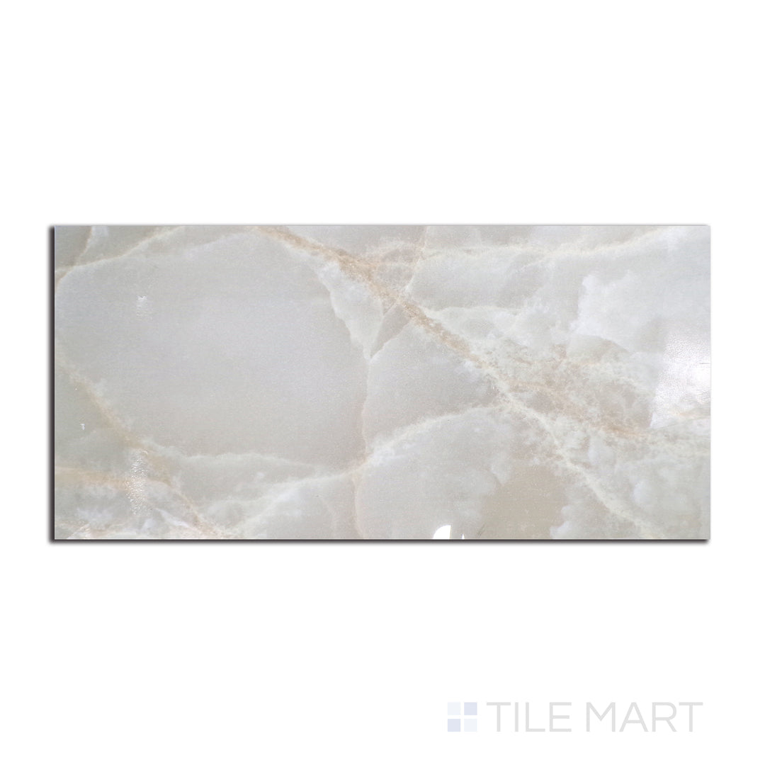 Overhead shot of Tele Di Marmo Reloaded Onice Klmt 24X48 polished porcelain tile, a stunning onyx-style tile with rich, high-gloss depth.