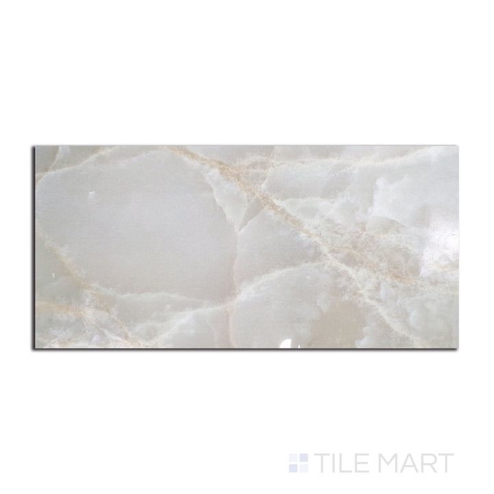 Overhead shot of Tele Di Marmo Reloaded Onice Klmt 24X48 polished porcelain tile, a stunning onyx-style tile with rich, high-gloss depth.