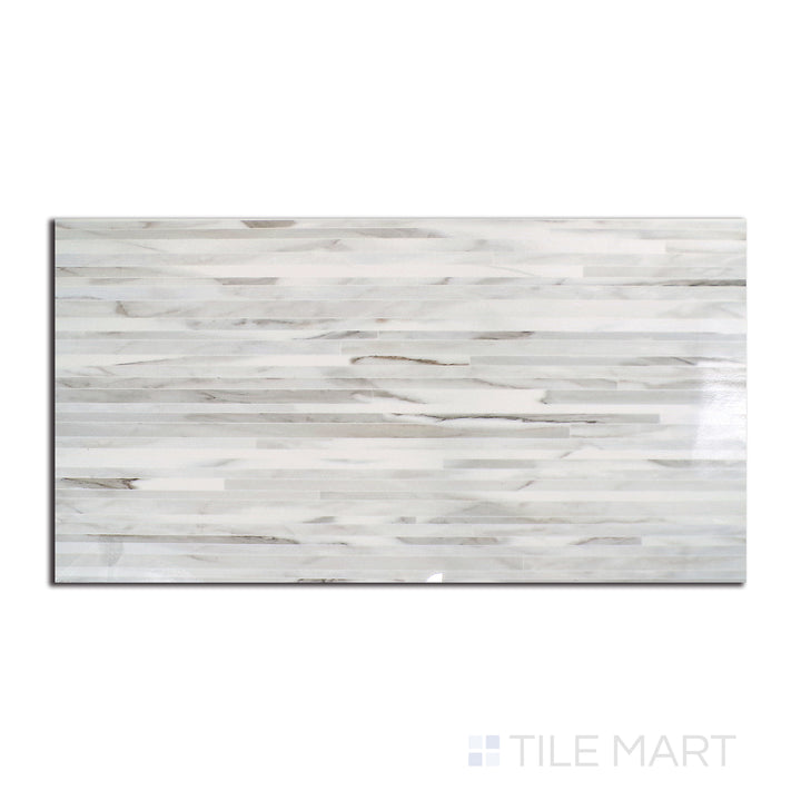 Aerial perspective of Tele Di Marmo Reloaded Calacatta 24X48 polished porcelain tile, bringing a bold marble aesthetic with a sleek sheen.