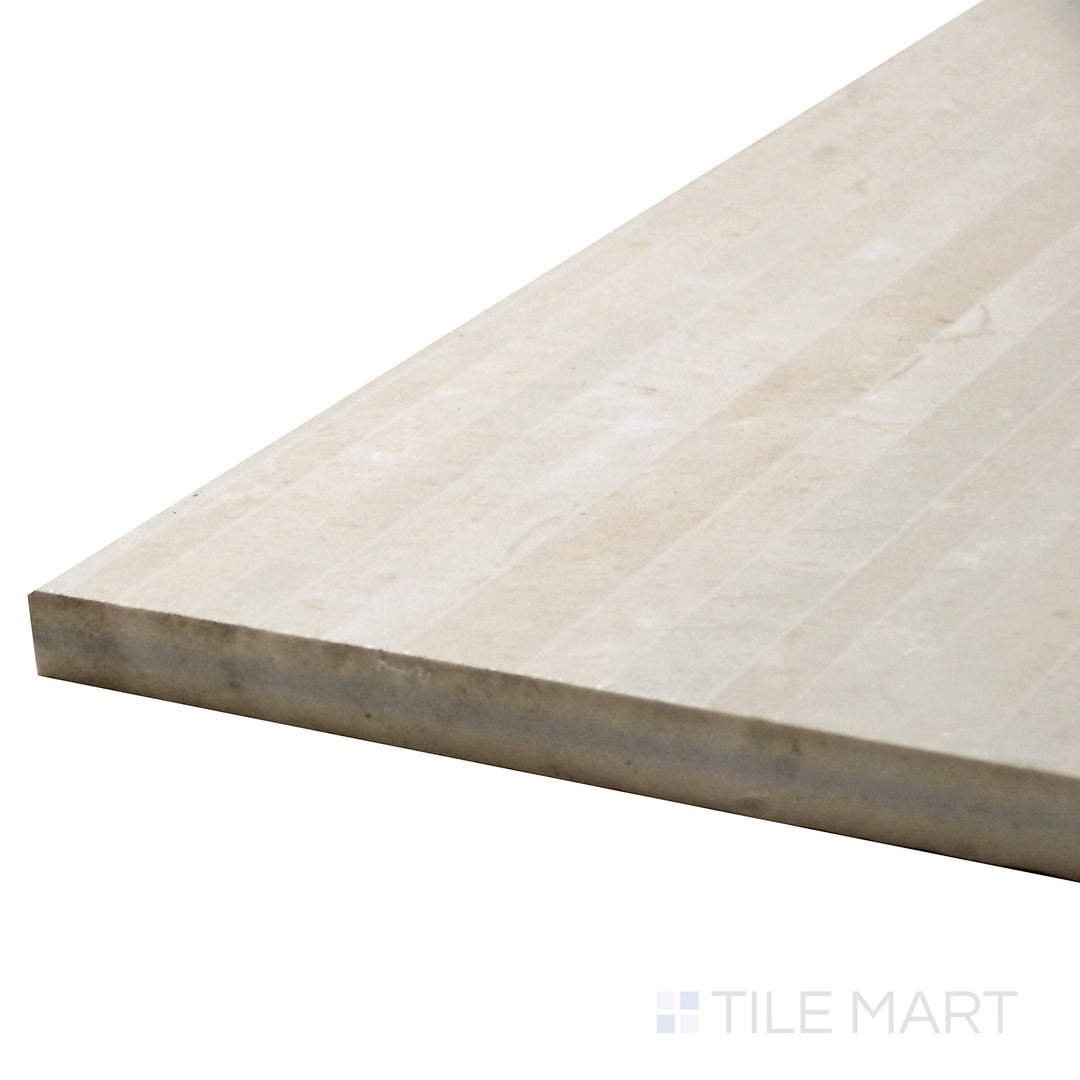 Corner-focused shot of Tele Di Marmo Reloaded Marfil 24X48 Polished Porcelain Tile, showcasing its soft beige undertones with a radiant polished surface.