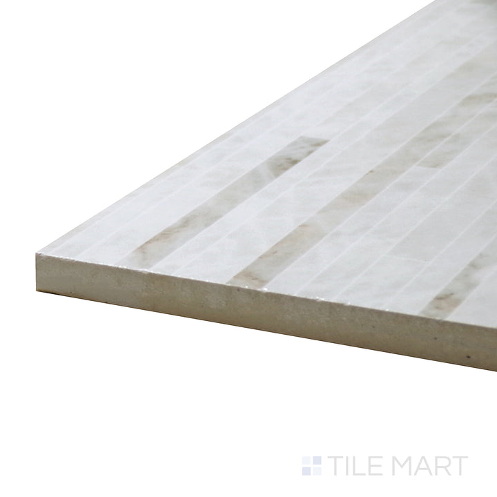 Corner shot of Tele Di Marmo Reloaded Quarzo 24X48 Polished Porcelain Tile, showcasing its quartz-inspired white surface with a high-gloss finish.