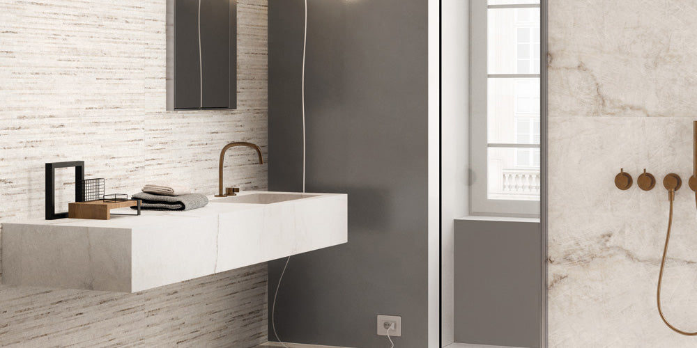 A contemporary and refined ambiance featuring Tele Di Marmo Reloaded Quarzo 24X48 Polished Porcelain, exuding elegance with quartz-like textures and a reflective finish.