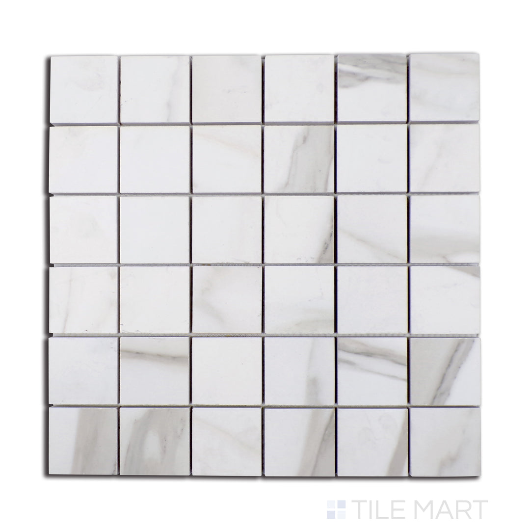 Top-down view of Tele Di Marmo Reloaded Calacatta 2" square matte porcelain mosaic, featuring a white marble effect with elegant gray veining.