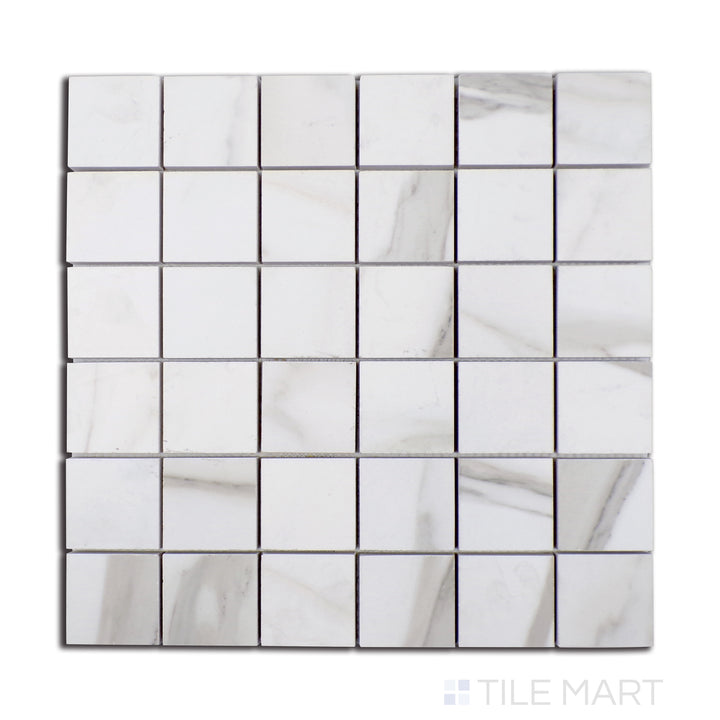 Top-down view of Tele Di Marmo Reloaded Calacatta 2" square matte porcelain mosaic, featuring a white marble effect with elegant gray veining.