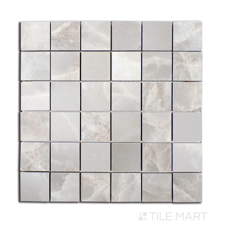 Aerial perspective of Tele Di Marmo Reloaded Onice Klmt 2" square matte porcelain mosaic, featuring a dramatic onyx-inspired surface with rich details.