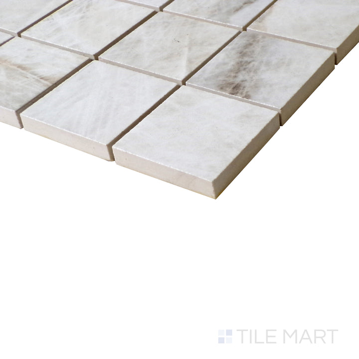 Diagonal view of Tele Di Marmo Reloaded Quarzo 2" Square polished porcelain mosaic, highlighting its refined quartz-like appearance, subtle texture, and high-gloss surface.  