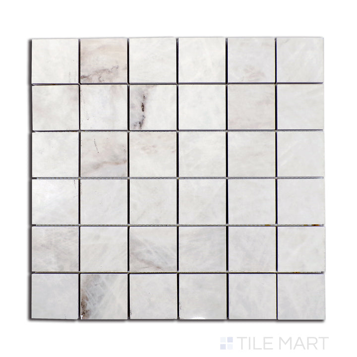 Flat-lay image of Tele Di Marmo Reloaded Quarzo 2" square polished porcelain mosaic, capturing the high-gloss sheen of a luxurious quartz finish.