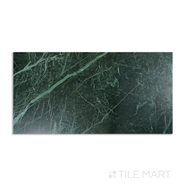 Aerial perspective of Tele Di Marmo Revolution Verde St Denis 24X48 matte porcelain, featuring an elegant green marble effect with organic veining.