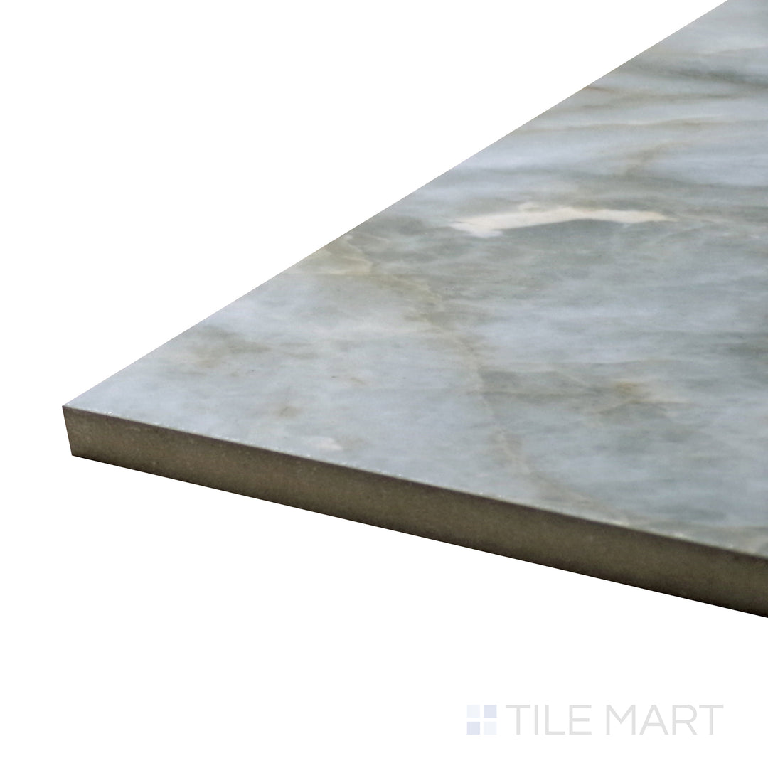 Side perspective of Tele Di Marmo Revolution Patagonia 24X48 Polished Porcelain Tile, capturing its complex natural stone patterns with a glossy, high-end finish.