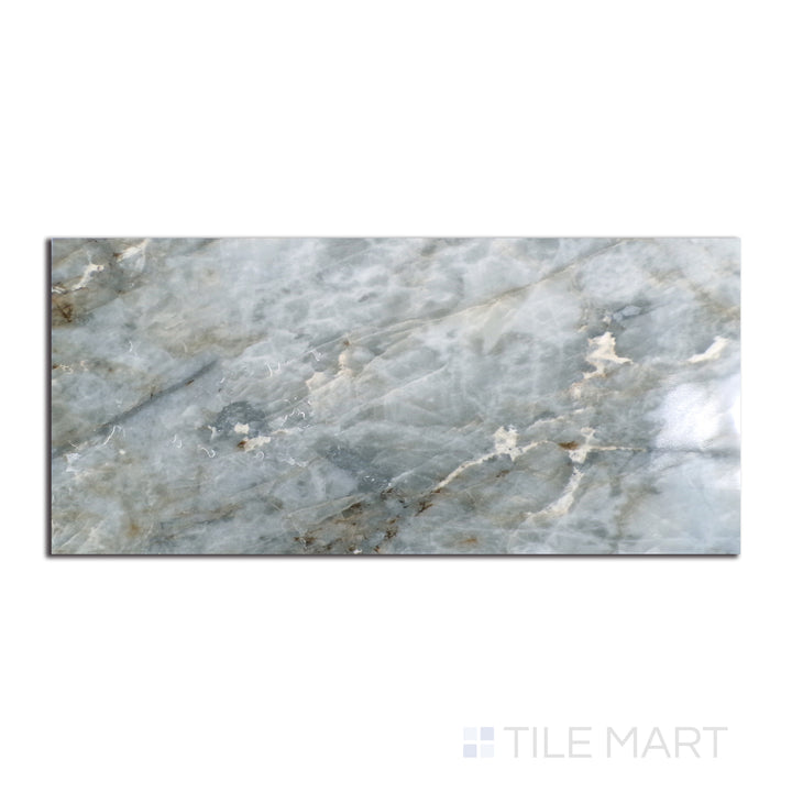 Overhead shot of Tele Di Marmo Revolution Patagonia 24X48 polished porcelain, emphasizing the deep textures and lustrous finish of natural stone.