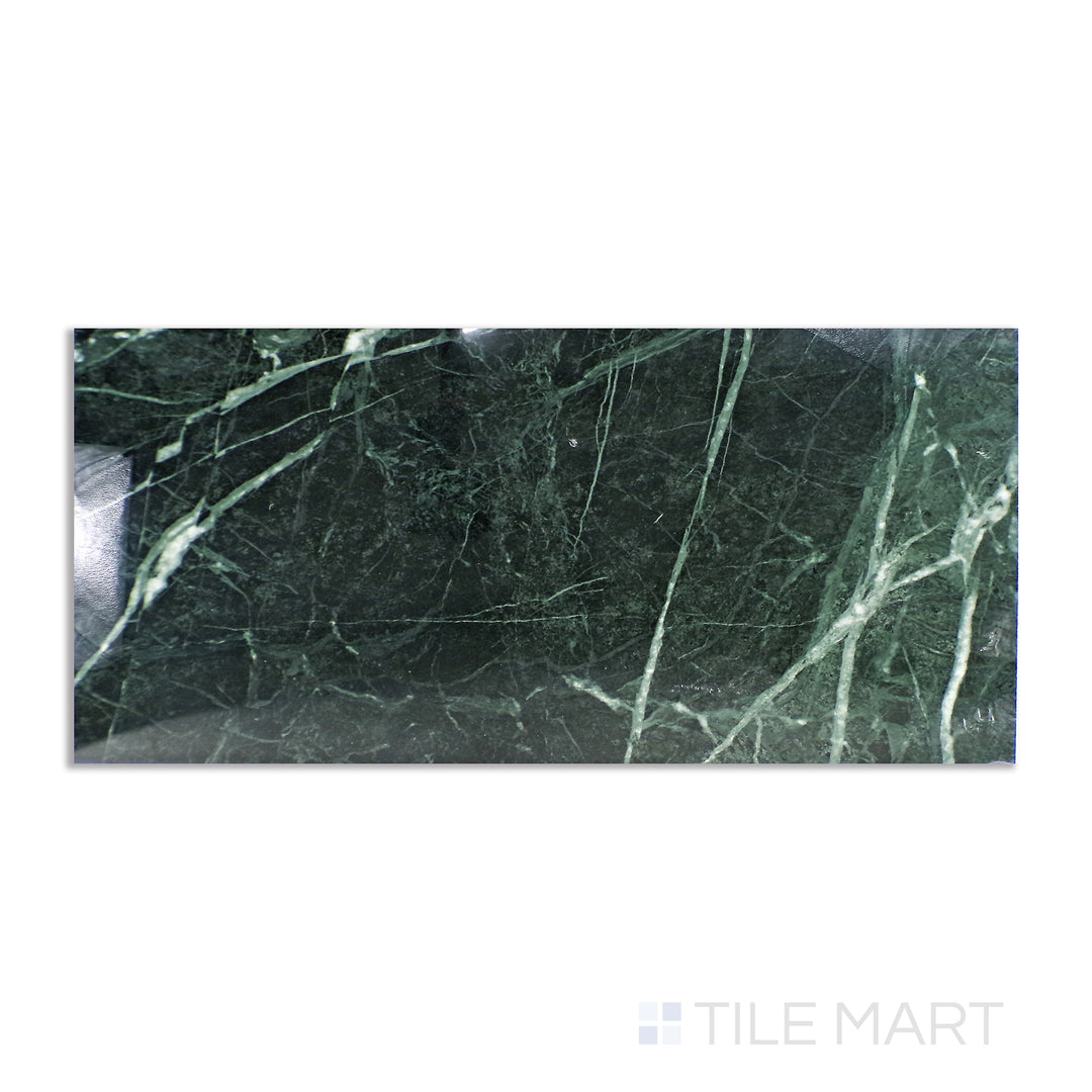 Aerial perspective of Tele Di Marmo Revolution Verde St Denis 24X48 polished porcelain, showcasing a luxurious green marble effect with a mirror-like finish.