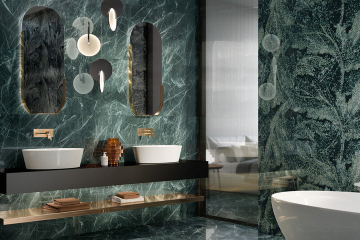 A refreshing and sophisticated environment enriched with Tele Di Marmo Revolution Verde St Denis 24X48 Polished Porcelain, offering a hint of nature-inspired luxury.