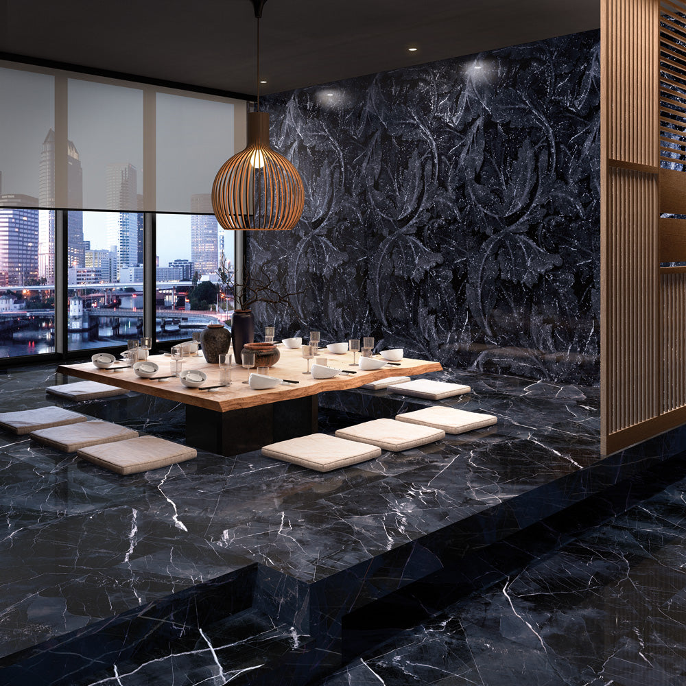A luxurious room featuring Tele Di Marmo Revolution Calacatta Black 24X48 Polished Porcelain, exuding bold contrasts and high-gloss elegance for an upscale setting.