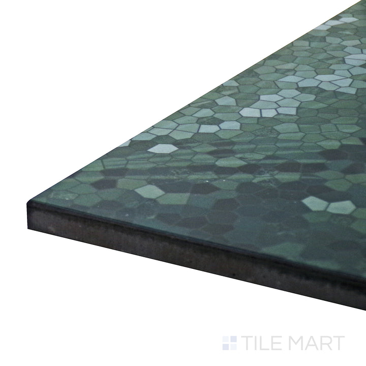 Corner angle of Tele Di Marmo Revolution Verde St Denis 24X48 Polished Porcelain Tile, emphasizing its deep green marble tones and smooth polished surface.