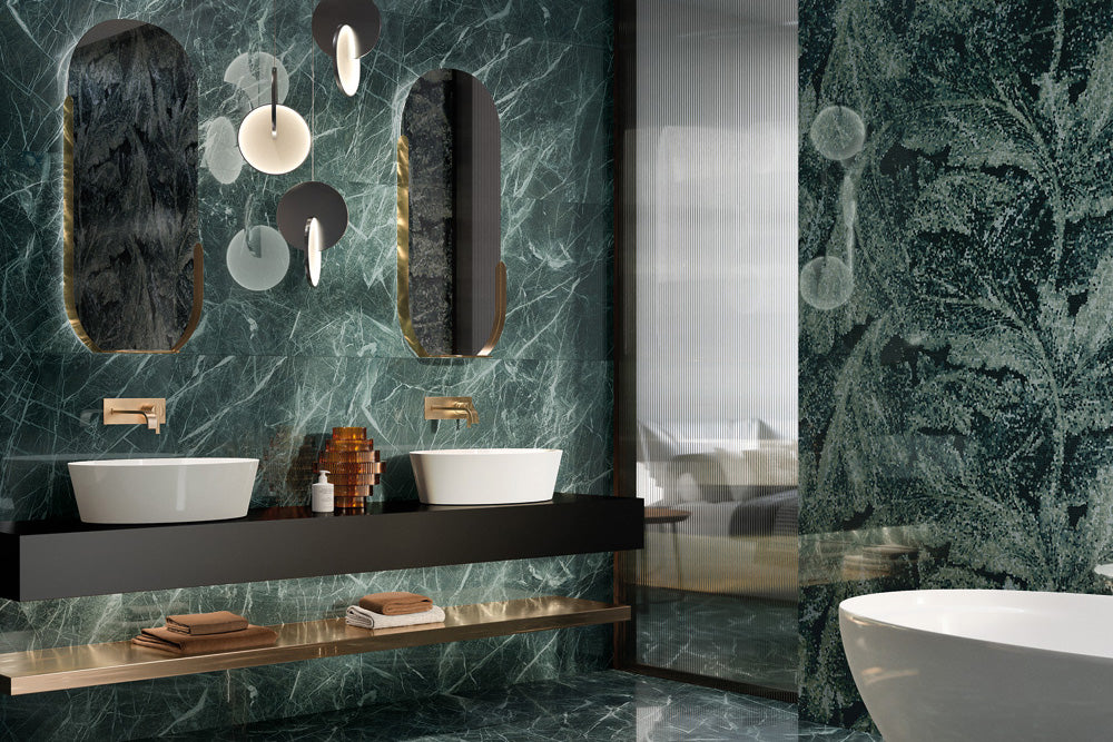 A refreshing and refined space featuring Tele Di Marmo Revolution Verde St Denis 24X48 Polished Porcelain, bringing a touch of nature-inspired beauty with its deep green hues.