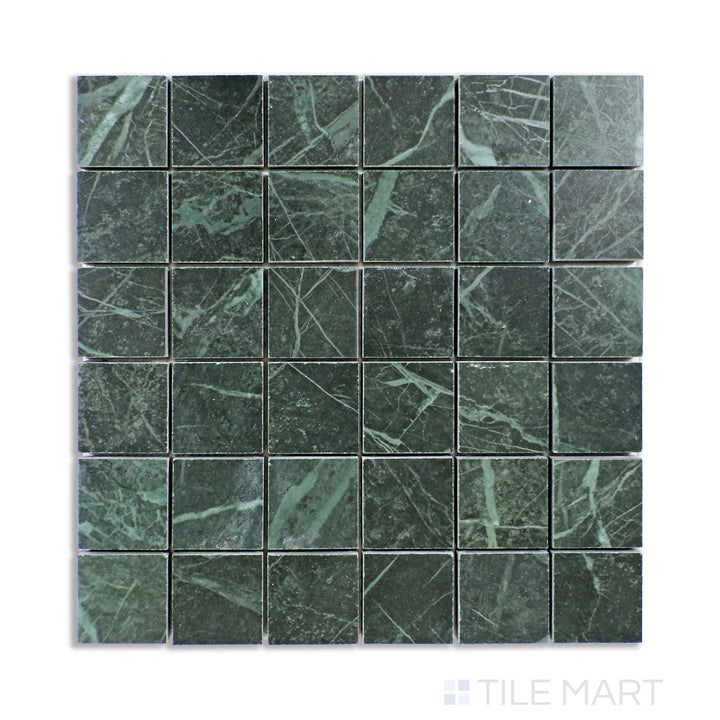 Aerial perspective of Tele Di Marmo Revolution Verde St Denis 2" square matte porcelain mosaic, showcasing a soft green marble aesthetic in a textured finish.