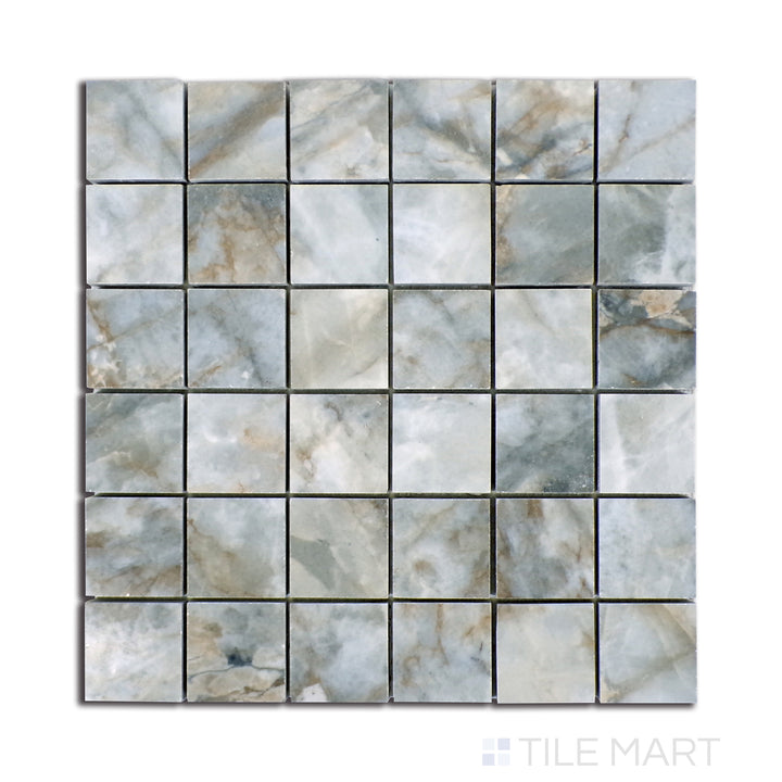 Overhead shot of Tele Di Marmo Revolution Patagonia 2" square polished porcelain mosaic, reflecting deep textures and a natural rock effect.