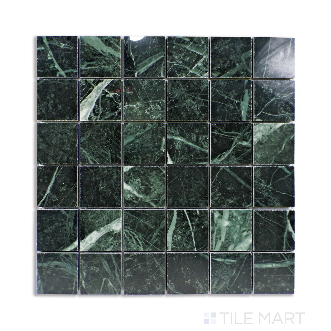 Aerial perspective of Tele Di Marmo Revolution Verde St Denis 2" square polished porcelain mosaic, combining green hues with a smooth, polished look.