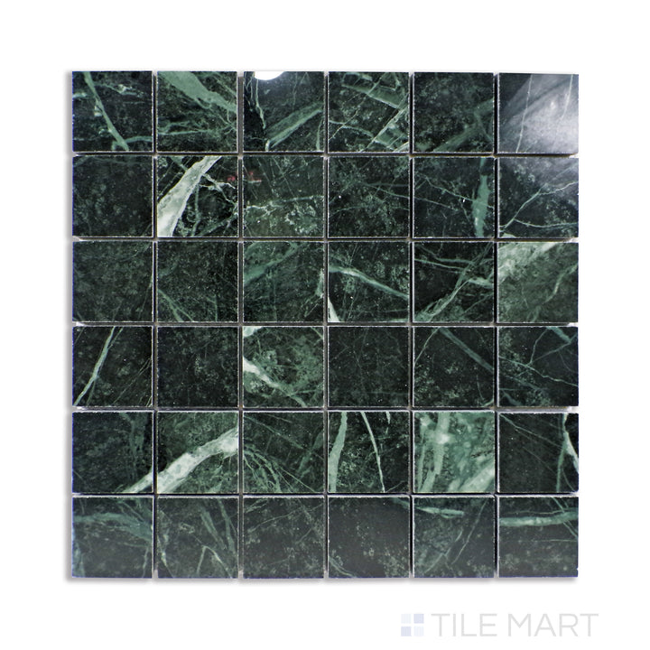 Aerial perspective of Tele Di Marmo Revolution Verde St Denis 2" square polished porcelain mosaic, combining green hues with a smooth, polished look.