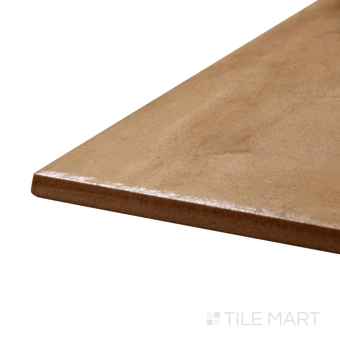 Corner shot of Terracotta Italian Saltillo Mustard 13X13 Polished Porcelain Tile, showcasing its warm mustard tones with a glossy, rustic finish.