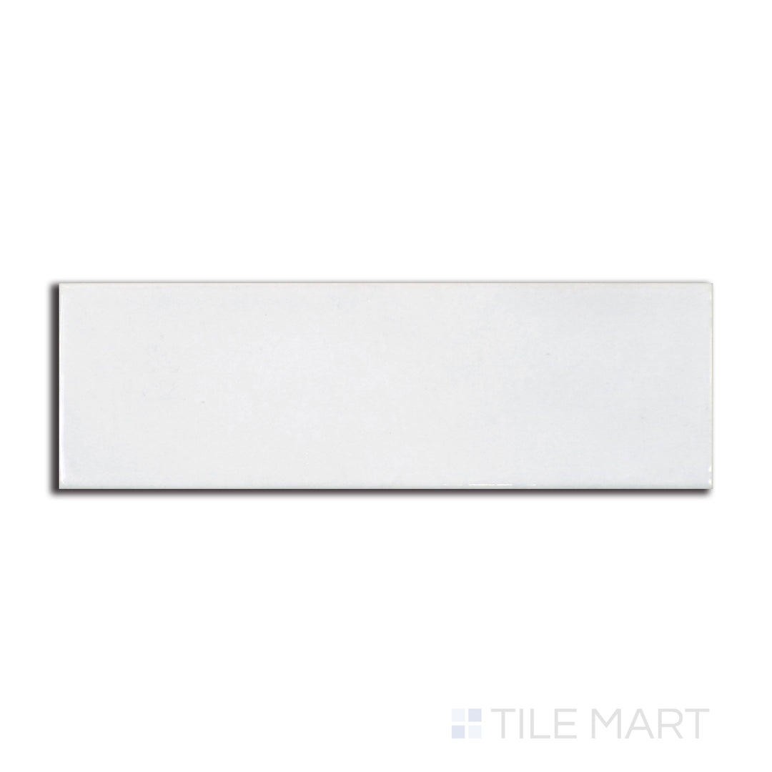 Overhead shot of Village White 2.5X8 glossy ceramic tile, displaying a crisp, clean surface with a glossy finish for a timeless and elegant design.