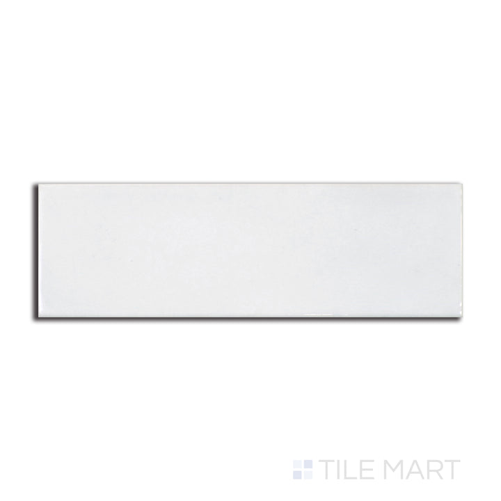 Overhead shot of Village White 2.5X8 glossy ceramic tile, displaying a crisp, clean surface with a glossy finish for a timeless and elegant design.