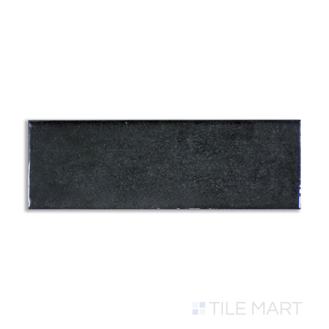 Aerial perspective of Village Black 2.5X8 glossy ceramic tile, presenting a deep, rich black surface with a high-gloss finish for bold, contemporary spaces.