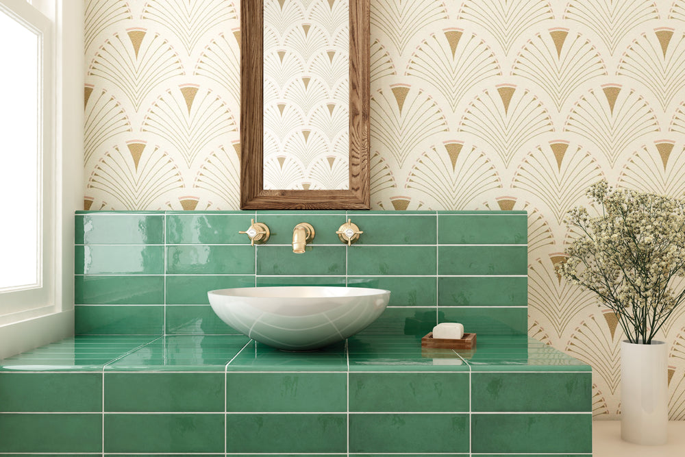 A bold and refreshing look featuring Village Emerald Green 2.5X8 Glossy Ceramic, infusing spaces with rich jewel tones and a reflective glossy surface for a striking aesthetic.