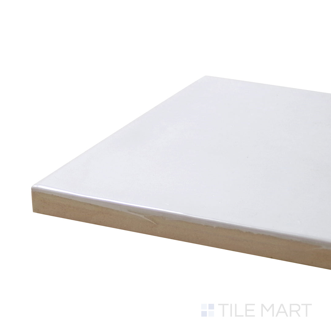 Side perspective of Village White 5X5 Glossy Ceramic Tile, capturing its bright white color with a reflective, polished appearance.