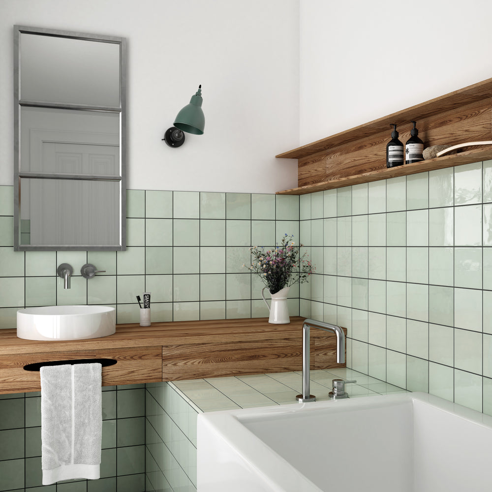 Stylish scene featuring Village Mint 5X5 Glossy Ceramic, showcasing a refreshing green hue with a sleek, reflective finish.