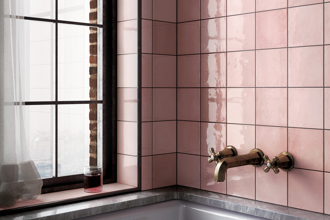 A refined and charming interior highlighted by Village Rose Gold 5X5 Glossy Ceramic, exuding soft pink-gold hues that add warmth and sophistication.