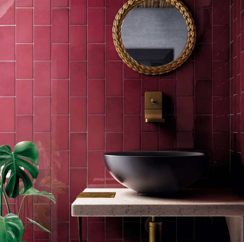A dramatic and luxurious touch added by Village Aubergine 5X5 Glossy Ceramic, delivering rich purple tones that enhance the overall depth of the space.