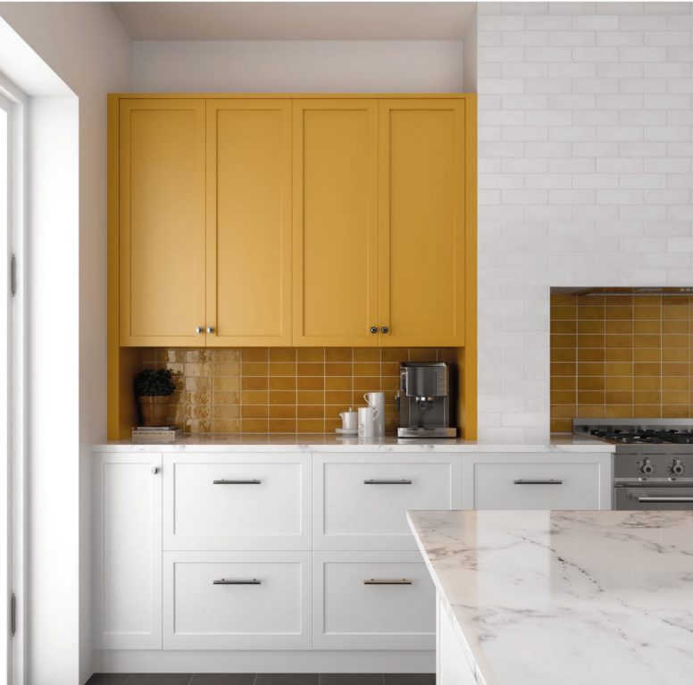 A warm and sunlit-inspired interior featuring Village Tuscany Gold 5X5 Glossy Ceramic, offering golden hues that elevate the room’s brightness.