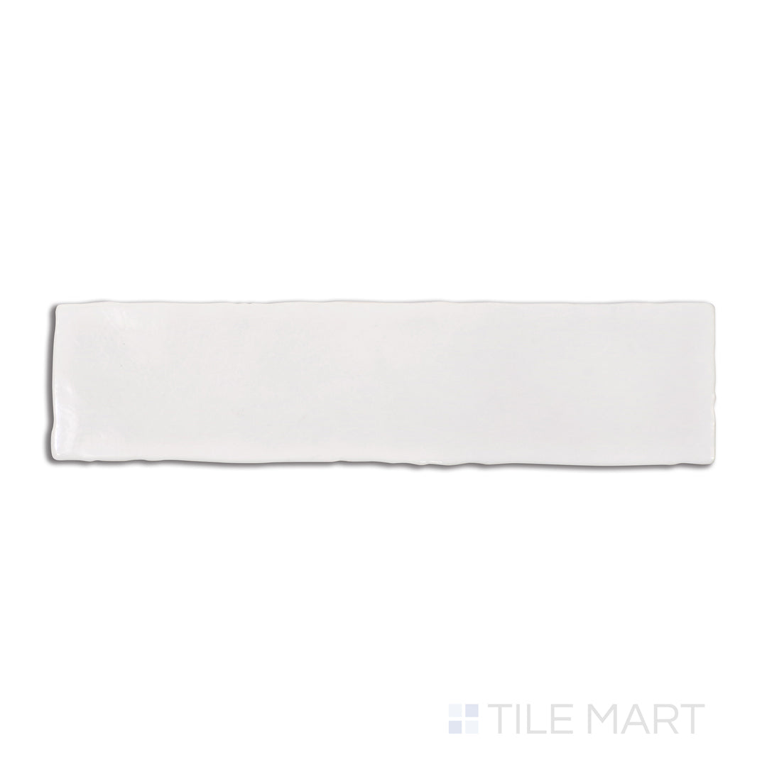 Overhead shot of Vitral Bianco 3X12 glossy ceramic tile, a classic white tile with a mirror-like gloss that enhances brightness and elegance in any space.