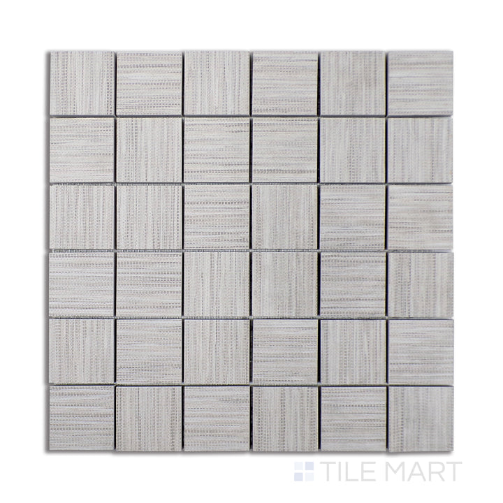 Aerial perspective of Wooow Linen Cotton 2" square matte porcelain mosaic, showcasing delicate off-white tones with a woven texture for a timeless, organic feel.