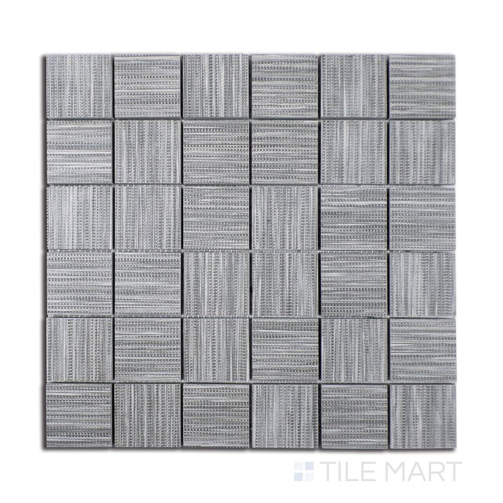 Top-down view of Wooow Linen Silver 2" square matte porcelain mosaic, a refined silver-gray tile with a soft matte finish that mimics fabric weaves.