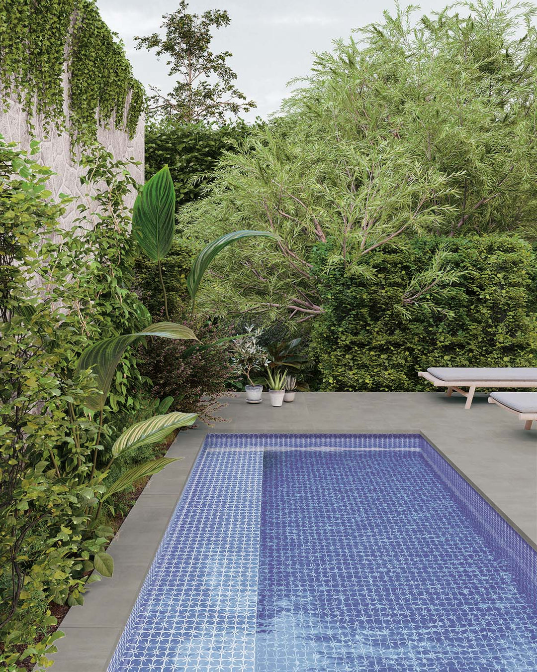 A deep, oceanic blue setting featuring Caliope Marine 6X6 Matte Porcelain, creating a serene and sophisticated atmosphere with its rich hue and velvety finish.