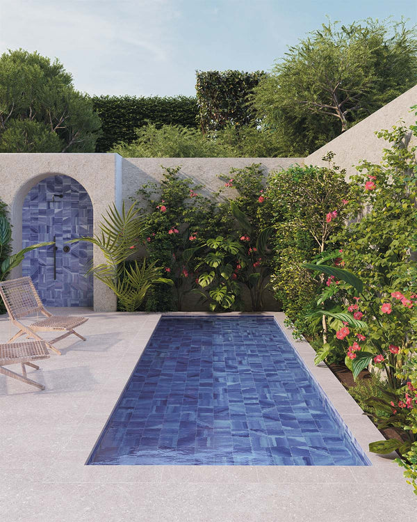 A coastal-inspired setting with Maritima Marine 6X6 Matte Porcelain, where the deep marine blue tones create a relaxed yet refined aesthetic.