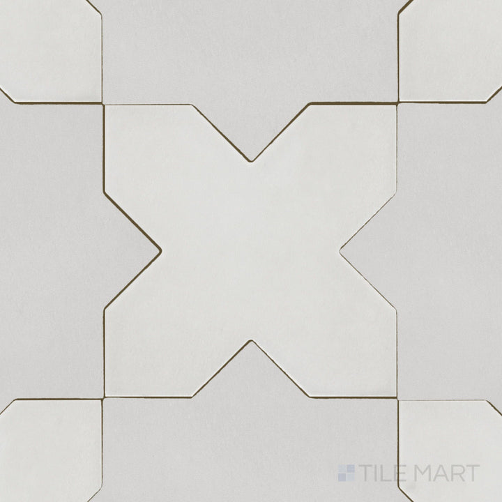 Top-down view of Kasbah Cross Smoke 5X5 matte porcelain tile, featuring a soft smoky gray hue with a subtle matte finish for a refined, modern appeal.