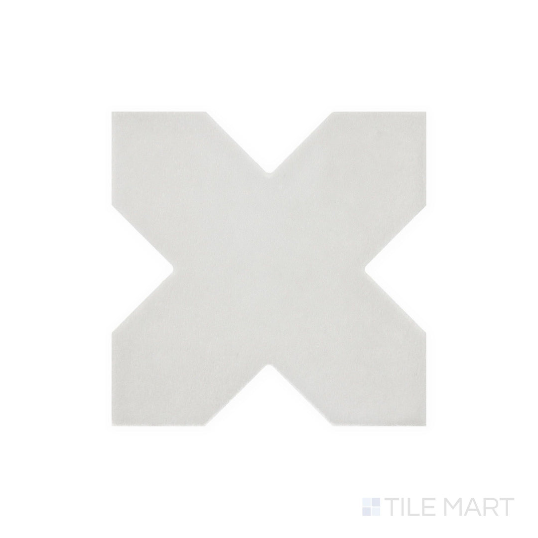 Slanted perspective of Kasbah Cross Smoke 5x5 matte porcelain tile, emphasizing its muted gray tones, subtle texture, and smooth matte finish.  