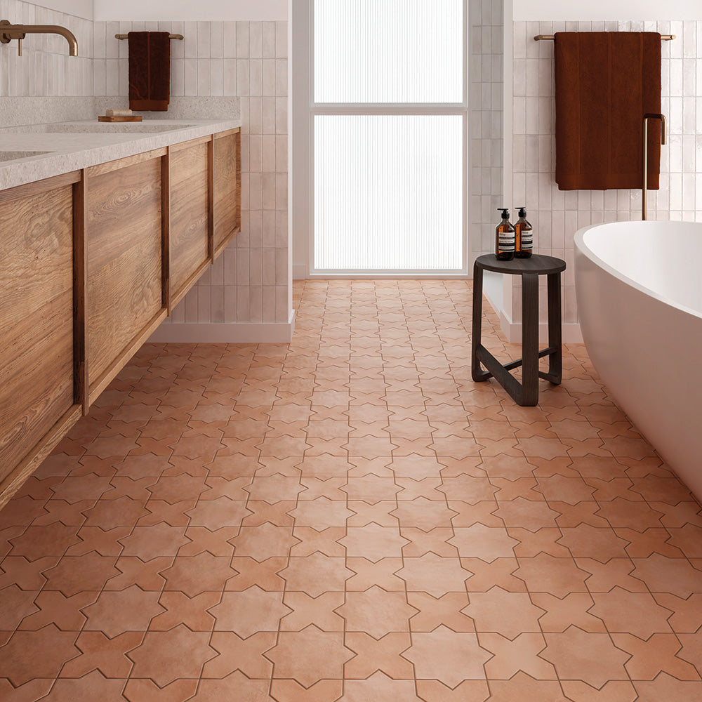 A rustic and timeless setting enhanced by Kasbah Cross Terracotta 5X5 Matte Porcelain, delivering rich clay-inspired tones in an elegant format.