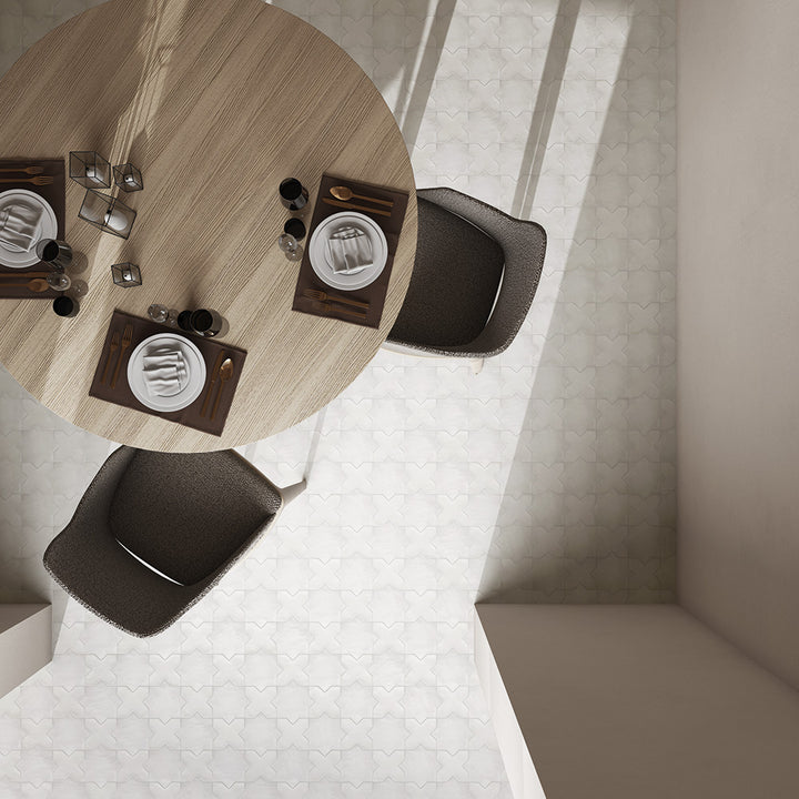 A visually captivating interior featuring Kasbah Star Bone 6.5X6.5 Matte Porcelain, with its intricate star motif adding a touch of artistic charm.