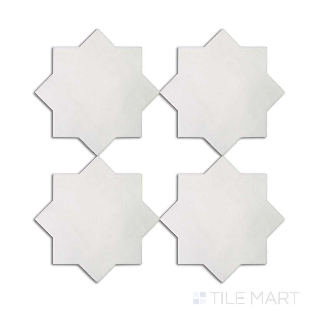 Overhead shot of Kasbah Star Bone 6.5X6.5 matte porcelain tile, showcasing a light neutral shade with a star-inspired design, adding a decorative touch to interiors.