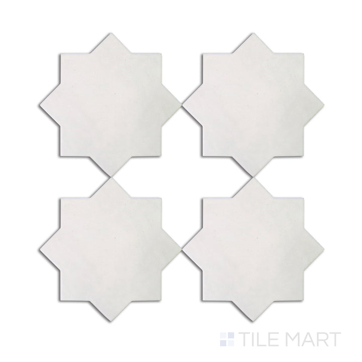 Overhead shot of Kasbah Star Bone 6.5X6.5 matte porcelain tile, showcasing a light neutral shade with a star-inspired design, adding a decorative touch to interiors.