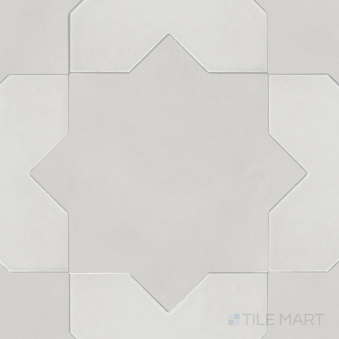 Top-down view of Kasbah Star Smoke 6.5X6.5 matte porcelain tile, offering a subtle smoky gray color combined with a star pattern for a unique, modern aesthetic.
