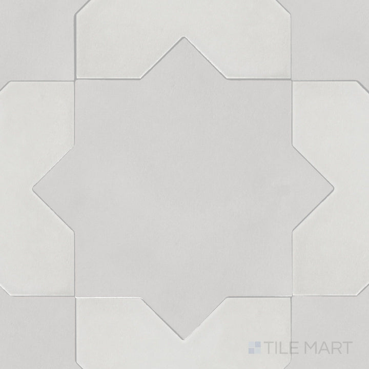 Top-down view of Kasbah Star Smoke 6.5X6.5 matte porcelain tile, offering a subtle smoky gray color combined with a star pattern for a unique, modern aesthetic.
