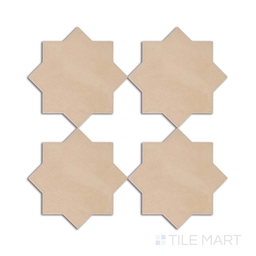 Flat-lay image of Kasbah Star Fawn 6.5X6.5 matte porcelain tile, a warm beige-toned star tile with a soft matte finish, ideal for vintage or contemporary spaces.