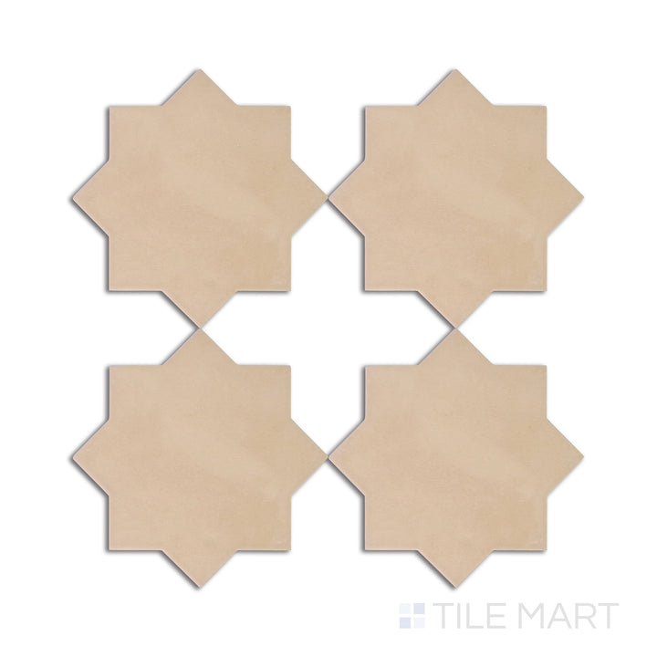 Flat-lay image of Kasbah Star Fawn 6.5X6.5 matte porcelain tile, a warm beige-toned star tile with a soft matte finish, ideal for vintage or contemporary spaces.